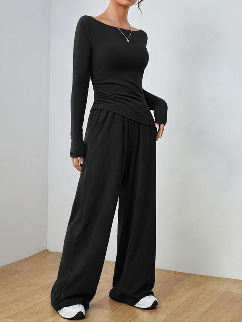 Stylish Plus Size Two-Piece Set: Ruched Boat Neck Tee & Elastic Waist Wide Leg Pants for Effortless Fall and Winter Fashion
