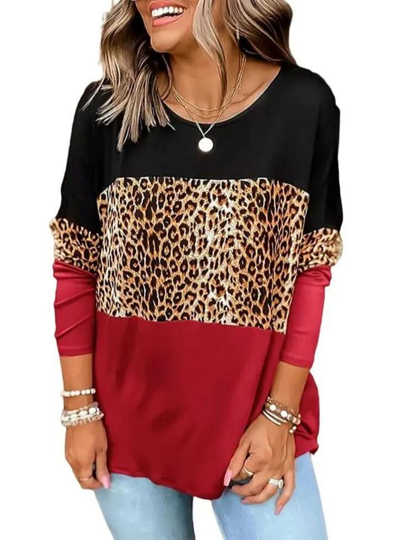 Stylish Women's Leopard Print Colorblock Long Sleeve Tee - Perfect Casual Top for Spring & Fall Outdoor Wear
