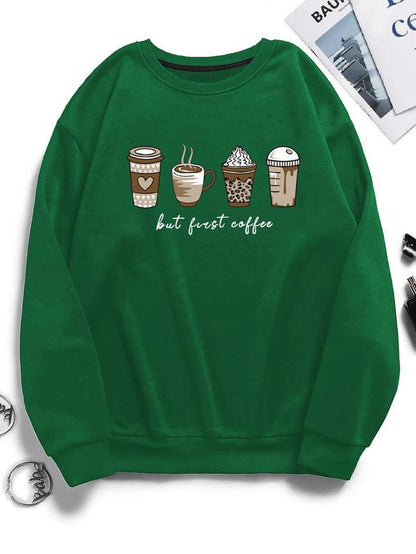 Chic & Cozy Women's Cartoon Coffee Print Crewneck Sweatshirt - Perfect Long-Sleeve Pullover for Spring & Fall