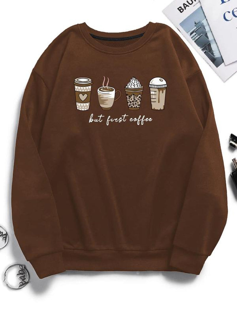 Chic & Cozy Women's Cartoon Coffee Print Crewneck Sweatshirt - Perfect Long-Sleeve Pullover for Spring & Fall