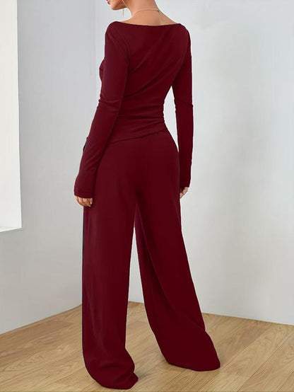 Stylish Plus Size Two-Piece Set: Ruched Boat Neck Tee & Elastic Waist Wide Leg Pants for Effortless Fall and Winter Fashion