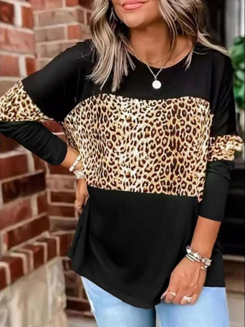 Stylish Women's Leopard Print Colorblock Long Sleeve Tee - Perfect Casual Top for Spring & Fall Outdoor Wear