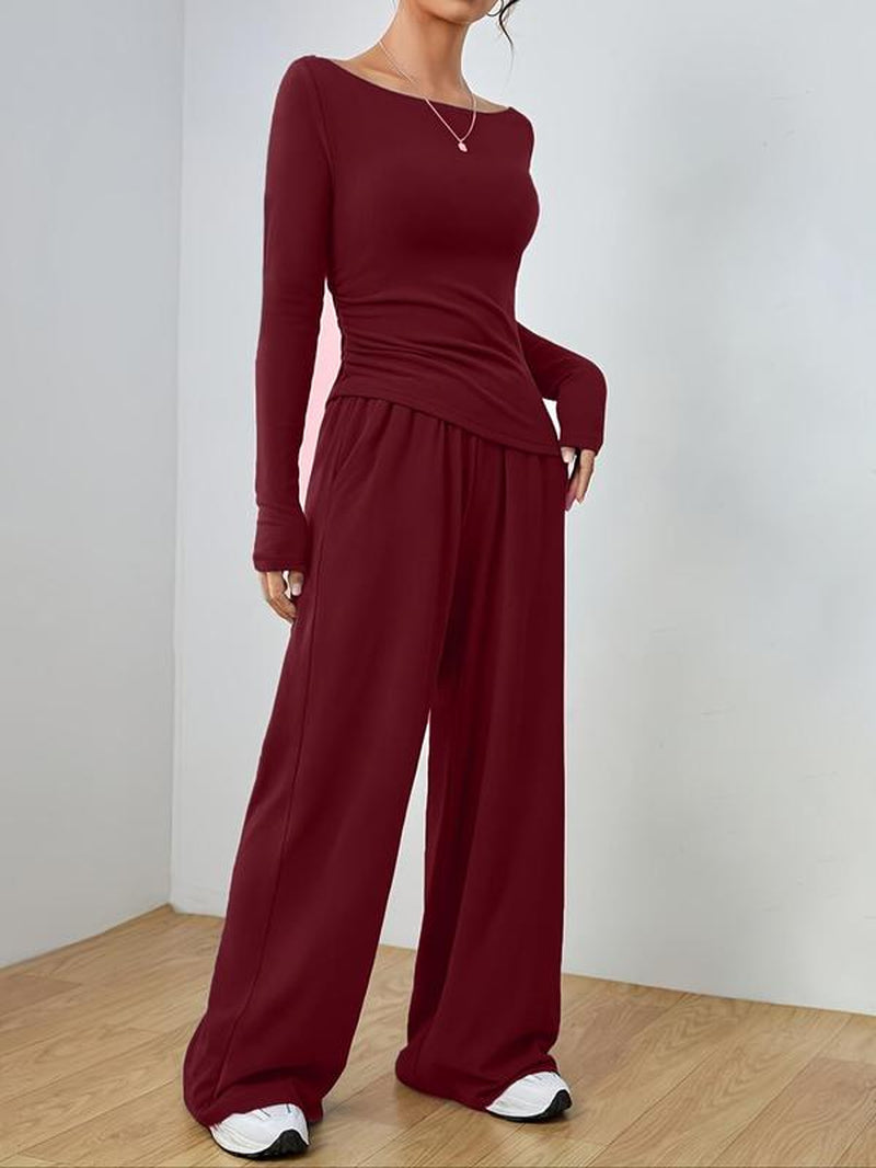 Stylish Plus Size Two-Piece Set: Ruched Boat Neck Tee & Elastic Waist Wide Leg Pants for Effortless Fall and Winter Fashion
