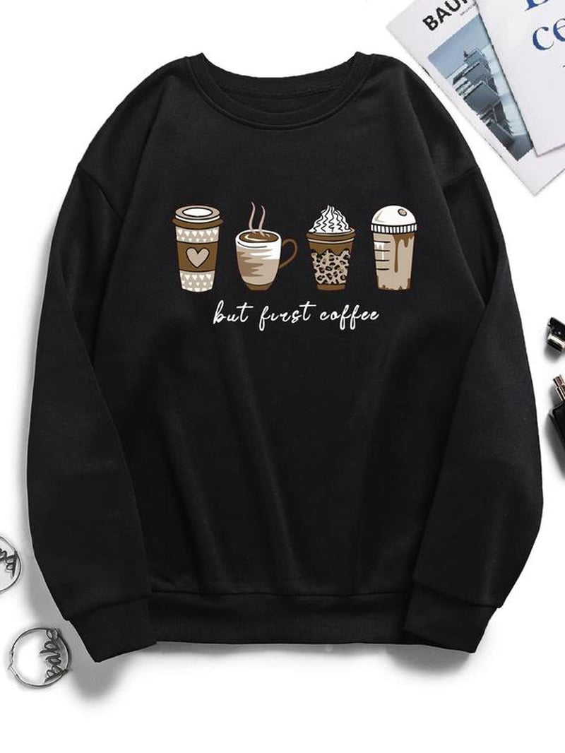 Chic & Cozy Women's Cartoon Coffee Print Crewneck Sweatshirt - Perfect Long-Sleeve Pullover for Spring & Fall