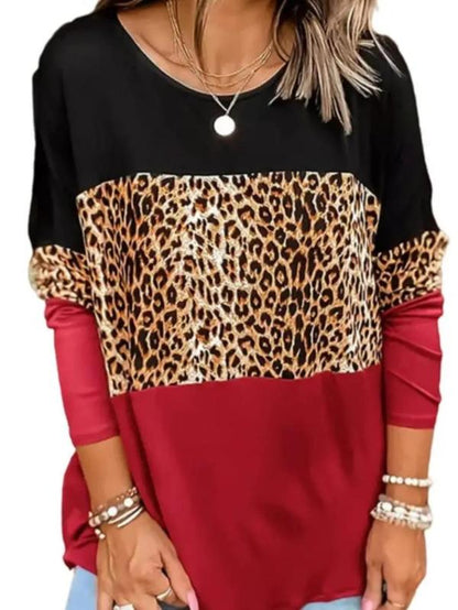 Stylish Women's Leopard Print Colorblock Long Sleeve Tee - Perfect Casual Top for Spring & Fall Outdoor Wear