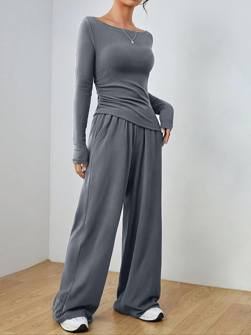 Stylish Plus Size Two-Piece Set: Ruched Boat Neck Tee & Elastic Waist Wide Leg Pants for Effortless Fall and Winter Fashion