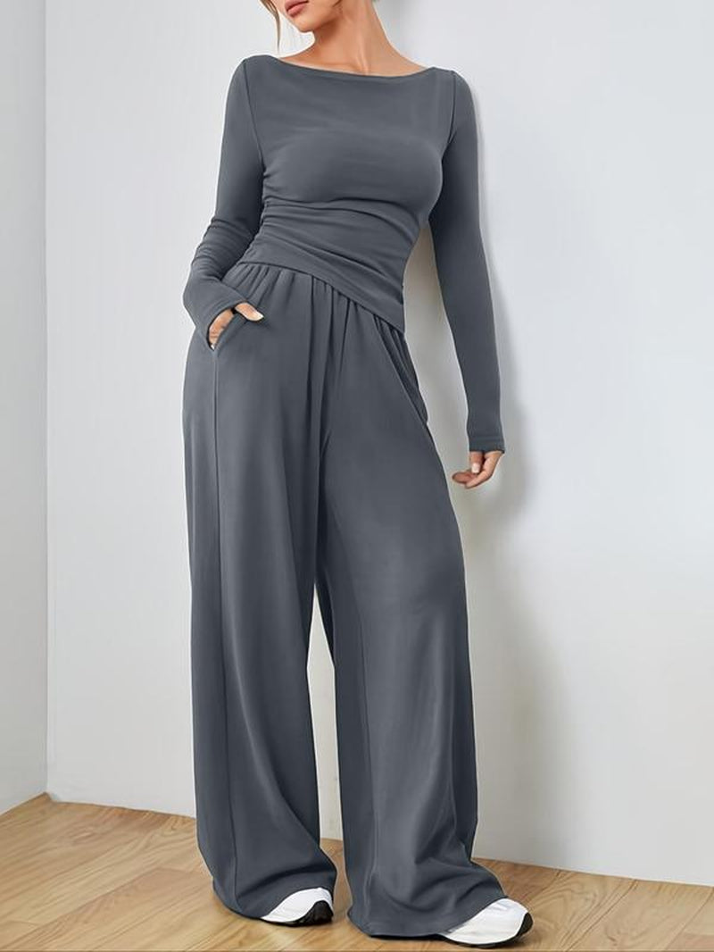 Stylish Plus Size Two-Piece Set: Ruched Boat Neck Tee & Elastic Waist Wide Leg Pants for Effortless Fall and Winter Fashion