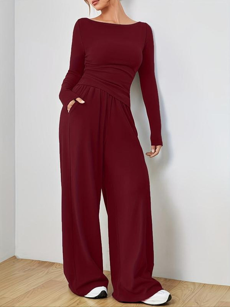 Stylish Plus Size Two-Piece Set: Ruched Boat Neck Tee & Elastic Waist Wide Leg Pants for Effortless Fall and Winter Fashion