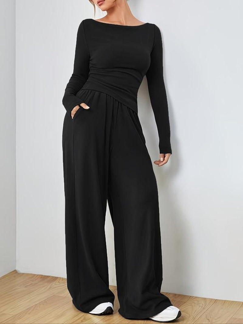 Stylish Plus Size Two-Piece Set: Ruched Boat Neck Tee & Elastic Waist Wide Leg Pants for Effortless Fall and Winter Fashion