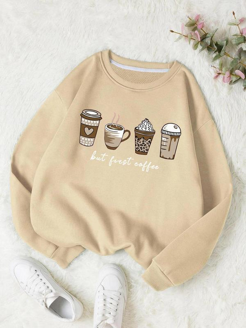 Chic & Cozy Women's Cartoon Coffee Print Crewneck Sweatshirt - Perfect Long-Sleeve Pullover for Spring & Fall