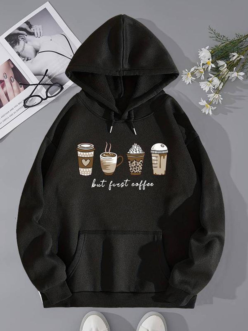 Chic & Cozy Women's Cartoon Coffee Print Crewneck Sweatshirt - Perfect Long-Sleeve Pullover for Spring & Fall