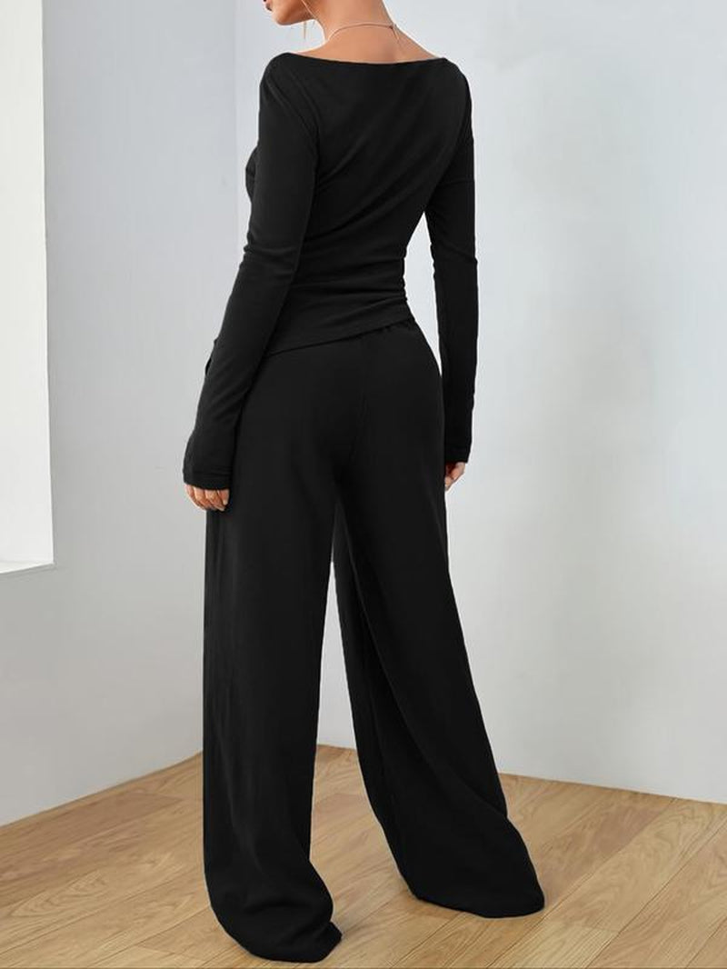Stylish Plus Size Two-Piece Set: Ruched Boat Neck Tee & Elastic Waist Wide Leg Pants for Effortless Fall and Winter Fashion