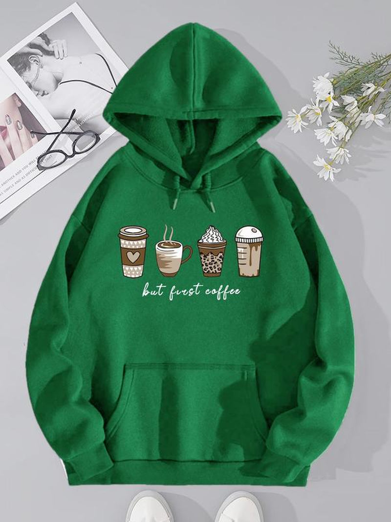 Chic & Cozy Women's Cartoon Coffee Print Crewneck Sweatshirt - Perfect Long-Sleeve Pullover for Spring & Fall