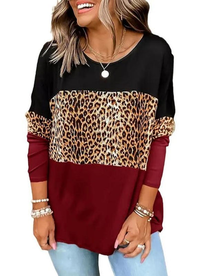 Stylish Women's Leopard Print Colorblock Long Sleeve Tee - Perfect Casual Top for Spring & Fall Outdoor Wear