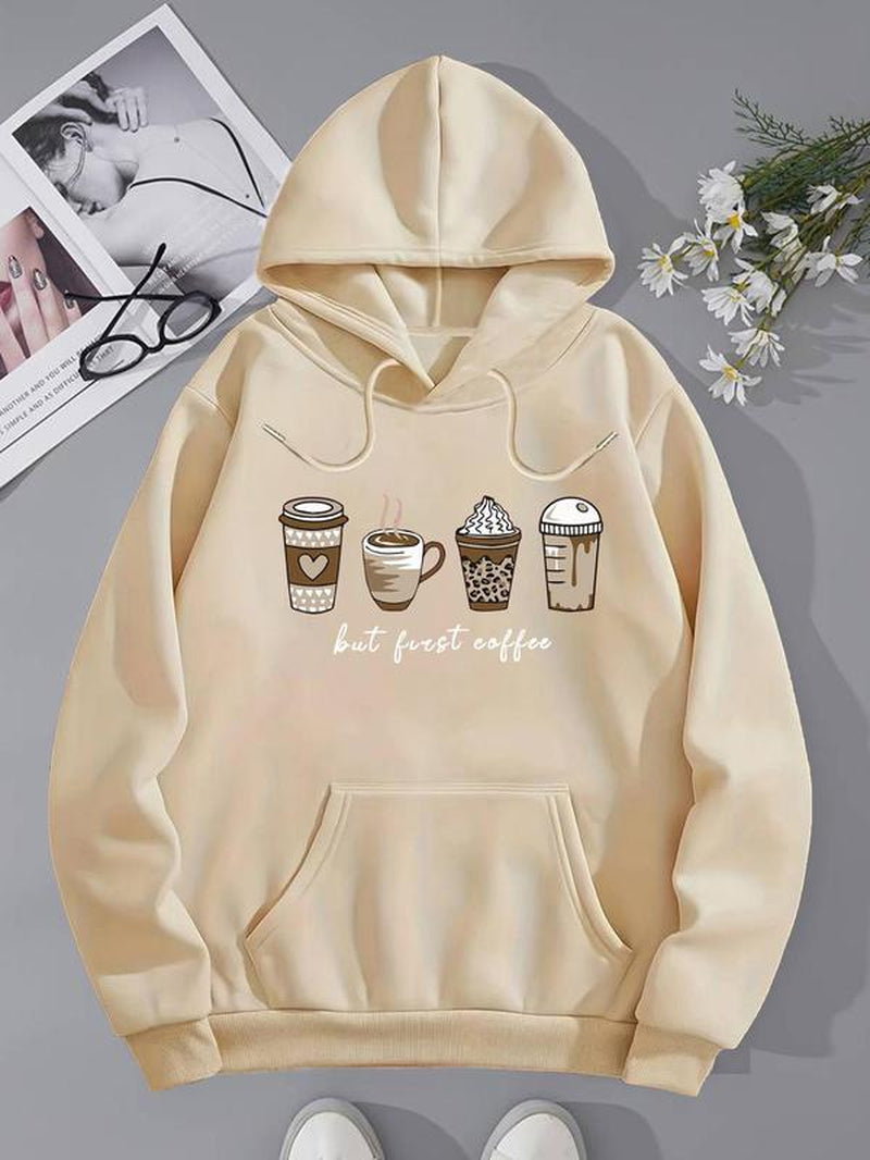 Chic & Cozy Women's Cartoon Coffee Print Crewneck Sweatshirt - Perfect Long-Sleeve Pullover for Spring & Fall