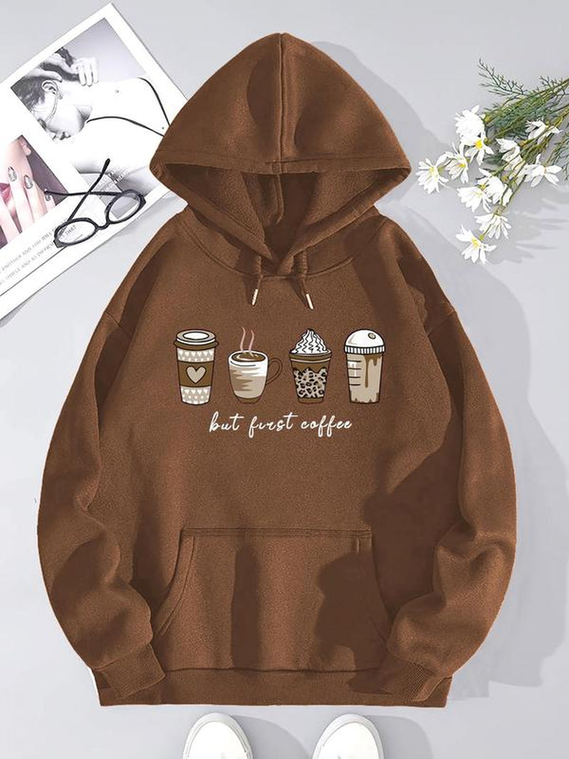 Chic & Cozy Women's Cartoon Coffee Print Crewneck Sweatshirt - Perfect Long-Sleeve Pullover for Spring & Fall