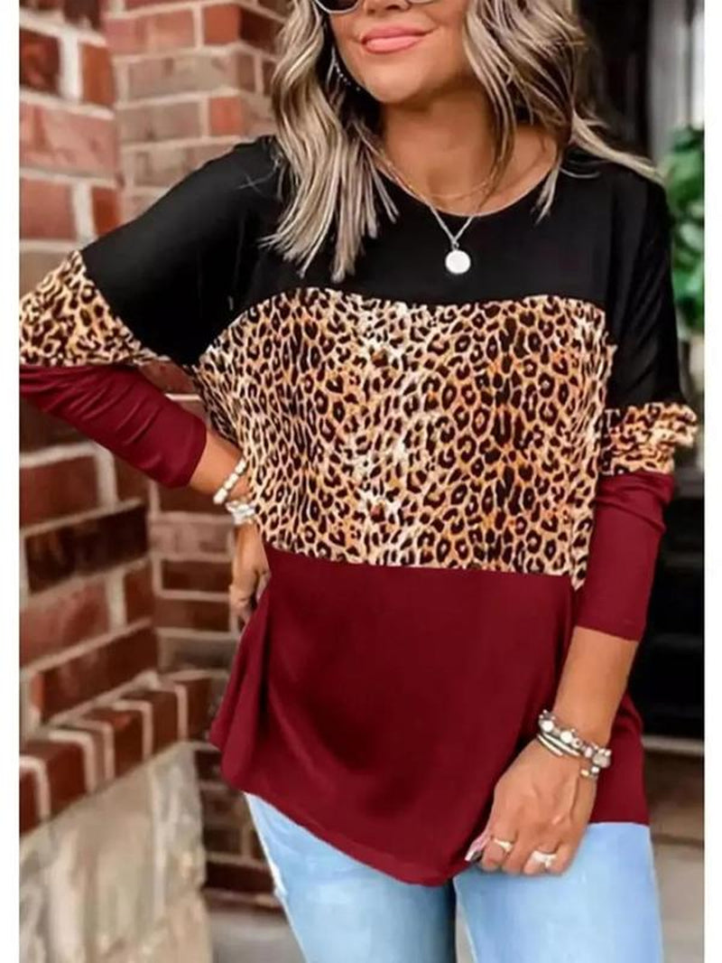 Stylish Women's Leopard Print Colorblock Long Sleeve Tee - Perfect Casual Top for Spring & Fall Outdoor Wear